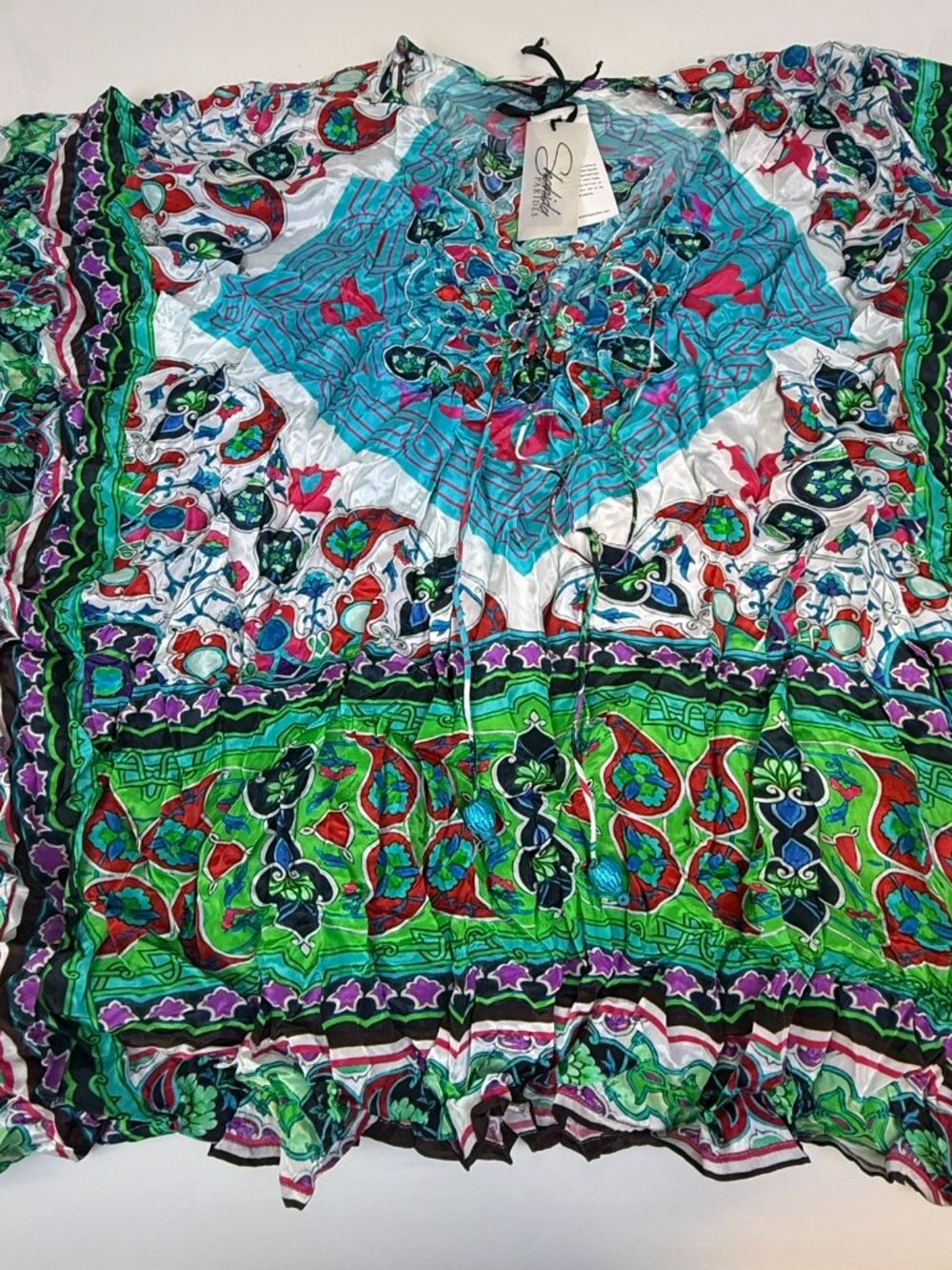 Shahida Parides Green Multicolor Short Convertible Kaftan Top J1-3